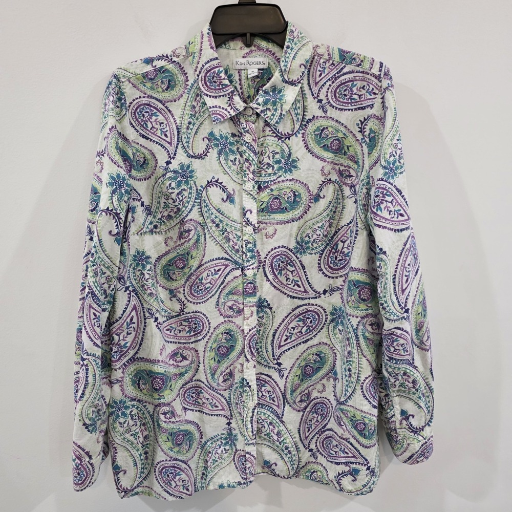 Womens Linen Button Up Top Size Medium Floral Colorful Euro Summer Paisley